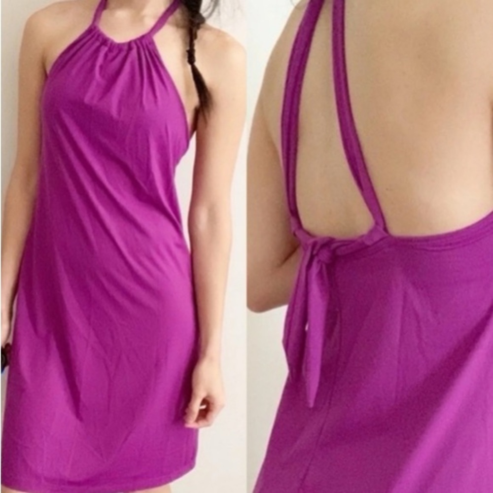 Athleta Purple Violet Cross Back Tie Athletic Halter Swim Dress Women’s Size XS